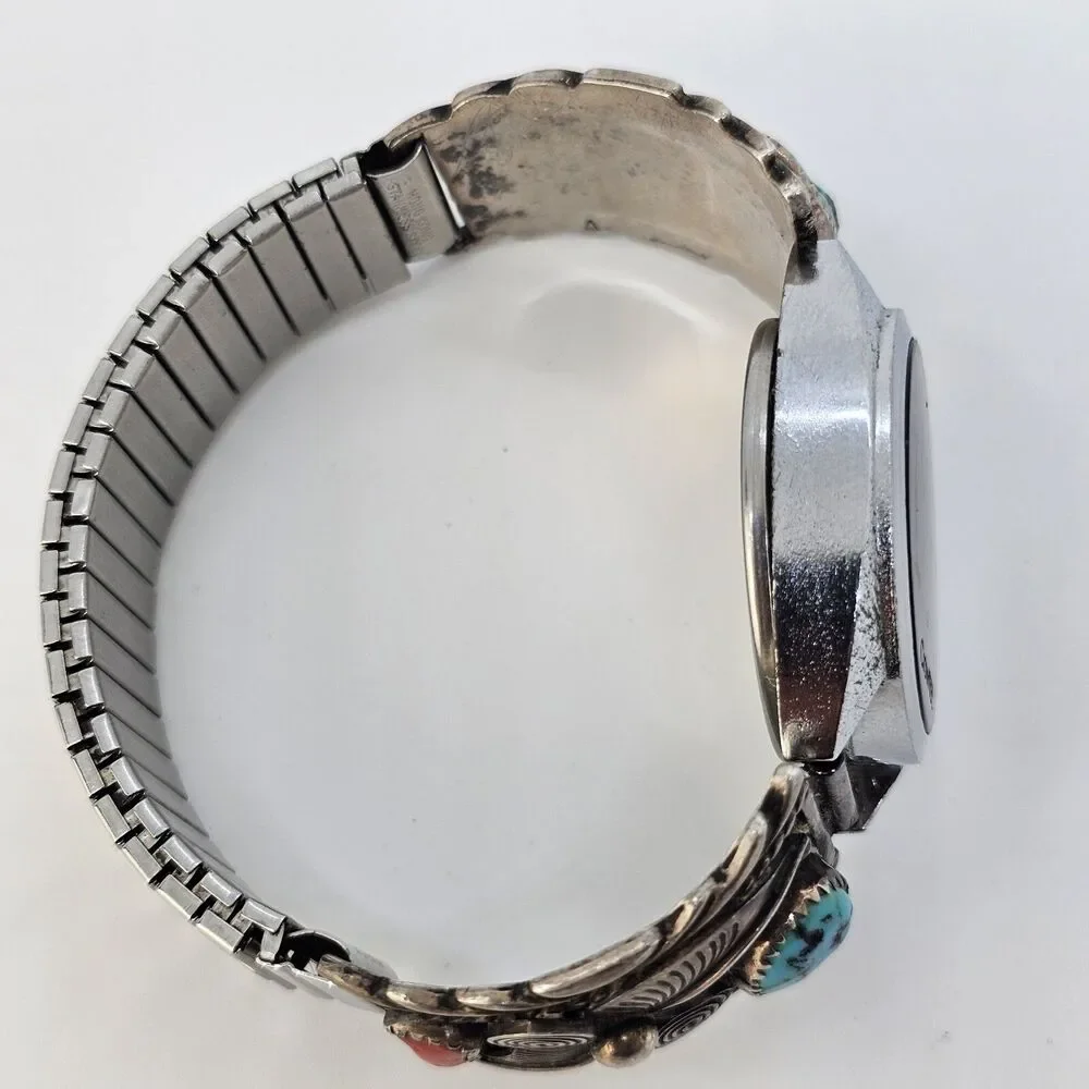 VTG Navajo Sterling Silver Flower Coral Turquoise Band‎ CrownTec Digital Watch